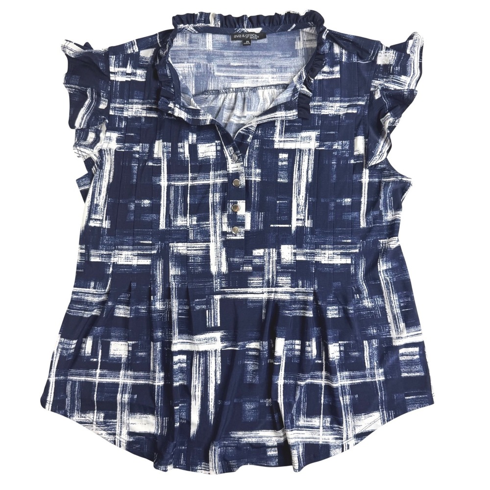 Ava & Grace Petite Navy Blue White Abstract Grid Flutter Sleeve Blouse PL